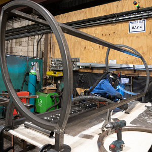 Sofco Cycle Shelter end frames being welded and assembled with anti-tamper high strength bolts in the factory. 