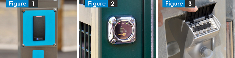 Figures 1,2,3 Showing Swipe Card Access, Electronic Key Fob Access and a Coded Lock 