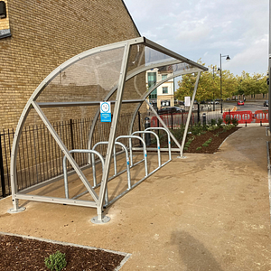 Regal Cycle Shelter plus a Senior Sheffield Cycle Rack with parking space for 10 bikes at the new Uplands Place retirement development in Cambridgeshire 