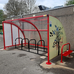 customised Wardale cycle shelter complete with full colour vinyl installed at Leys Junior School in Derbyshire.